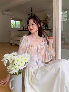 韩国chic春季温柔复古油画印花系带，雪纺衬衫+高腰褶皱半身裙套装