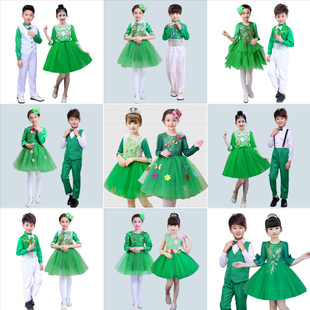 小草演出服儿童公主裙，女童蓬蓬纱裙长袖茉莉花，大合唱舞蹈春晓绿色