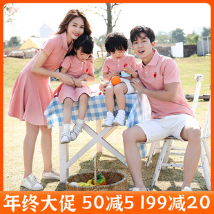 一家三口亲子装夏装韩国POLO纯棉母子母女连衣裙短袖衬衫T恤套装