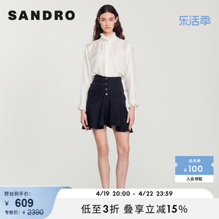 SANDRO Outlet女装春季百褶荷叶边高腰黑色半身短裙SFPJU00655
