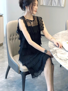 黑色蕾丝镂空无袖连衣裙，女夏季大码女装300斤设计感洋气质蛋糕裙