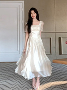 法式超仙白色荷叶边连衣裙夏季氛围，感公主纱裙气质收腰大摆长裙子