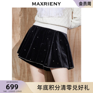 maxrieny2022秋季高腰短裤，女百搭宽松黑色丝绒烫钻裤裙