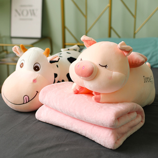 猪猪抱枕公仔小狗娃娃网红床上睡觉毛绒玩具女生，午睡毯子两用被子