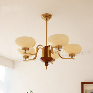 中古柚木色吊灯5头现代美式复古法式书房，客厅卧室餐厅奶玻璃灯具
