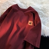 中国风短袖t恤男夏季国潮宽松情侣百搭纯棉酒红色体恤衫半袖创意
