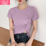 夏季圆领修身显瘦短款露肚脐抽绳短袖T恤紫色韩版百搭上衣女