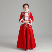 中国风女童汉服秋冬加绒加厚长袖红色儿童旗袍过年女孩拜年服冬装