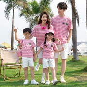亲子装夏款韩版全棉海军条纹t恤一家三口家庭装中小学团体表演服