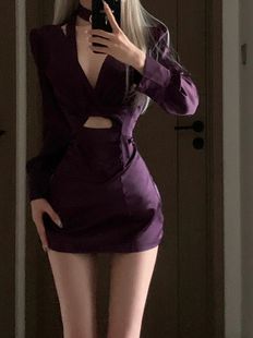 纯欲风紫色v领长袖连衣裙女夏季性感辣妹收腰显瘦包臀短裙子