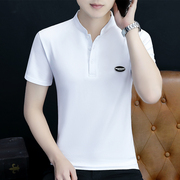 高品质立领白色短袖t恤男夏季V领潮流修身上衣服纯棉男polo衫