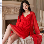 红色结婚网纱宫廷风睡裙女性感V领情趣诱惑吊带胸垫中长裙两件套