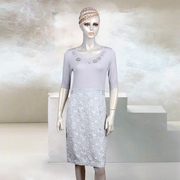香港名师路秋冬款羊毛五分袖，银灰色立体花，钉珠裙摆修身连衣裙