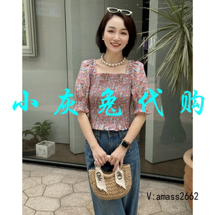 小灰兔欧阿玛施女装2024法式方领泡泡袖碎花短款衬衫1300995