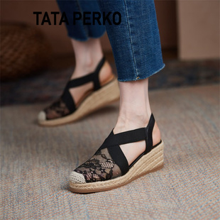 tataperko联名女鞋包头凉鞋，女夏草编中空单鞋厚底，网面坡跟渔夫鞋