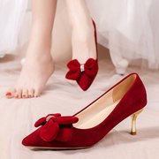 新娘鞋婚鞋不累脚高级感小众2022女鞋浅口酒红色高跟鞋礼服鞋