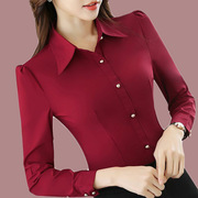红色黑色衬衫女长袖纯色，韩版职业装正装修身显瘦工作服，上衣打底衫