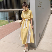 淡黄色衬衫连衣裙女夏2022年法式收腰显瘦气质复古初恋长裙子