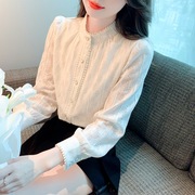 冬季韩版加绒加厚蕾丝，打底衫立领，泡泡袖上衣气质显瘦女小衫