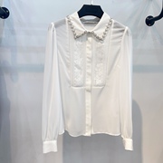 春夏白色钉珠翻领雪纺衬衣，长袖微透蕾丝百搭通勤珍珠装饰衬衫