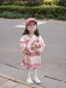 西米kids2022秋冬粉色条纹长袖，t恤甜美风奶昔长款卫衣