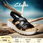 Clarks其乐女士吉莉安系列牛皮革面厚底坡跟凉鞋交叉带舒适女凉鞋