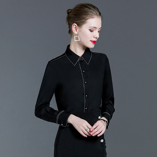 黑色衬衫女长袖气质，职业时尚洋气，2024上衣秋冬法式加绒衬衣秋