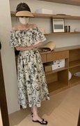现！韩国东大门女装 夏季 一字领设计印花束腰气质连衣裙