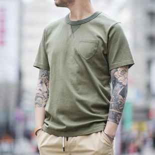 马登工装日系复古军绿色短袖，t恤男夏季纯棉圆领阿美咔叽纯色体恤