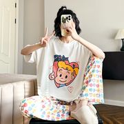 卡通韩版睡衣女生夏季纯棉短袖长裤套装可爱印花薄款可外穿家居服