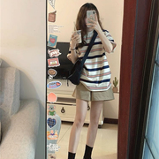 条纹短袖短裤运动套装女夏季学生韩版宽松时尚休闲两件套跑步服潮