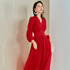 大红色连衣裙女春夏中长款高腰v领气质，修身显瘦泡泡袖法式雪纺裙