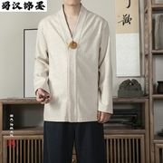 中国风复古棉麻汉服衬衫，男士大码宽松居士，服青年唐装长袖休闲上衣
