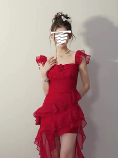 2024夏季不规则前短后长方领法式红色玫瑰吊带拖尾连衣裙女