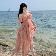 海边度假沙滩裙法式超仙气质荷叶边长裙收腰一字肩吊带连衣裙夏季