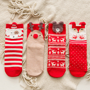 圣诞女袜冬季可爱卡通动物耳朵，中筒袜子日系新年节日红色喜庆红袜