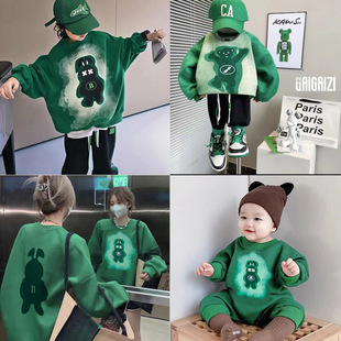 绿色加绒亲子装卫衣一家四口兄妹套装韩国童装卡通兔子上衣长袖T