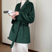 反季双面羊绒大衣女水波纹，短款2023韩版西装领系带毛呢外套