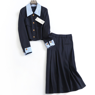 蓝色条纹翻领显瘦短款翻边长袖休闲女短外套，高腰半身裙女套装n502