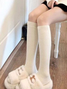 白色小腿袜女秋冬加绒加厚保暖压力瘦腿长筒袜，羊毛中筒袜半腿棉