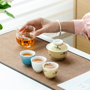 拓土米黄纯手绘蝴蝶兰花元宝，二才小盖碗茶杯，陶瓷泡茶器带盖不烫手