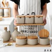 日式创意简约竹盖养身陶调味罐厨房调味调料盒防潮糖盐罐三件套装