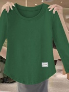 纯棉打底衫女士2024春季宽松大码圆领墨绿色长袖T恤正肩上衣