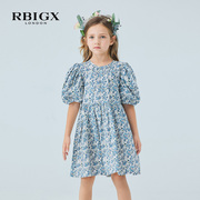 RBIGX瑞比克童装夏季潮流设计感花版泡泡袖纯棉儿童连衣裙