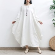 冬季加绒加厚长袖白色连衣裙，女长款保暖宽松大码棉麻长袍西藏旅行