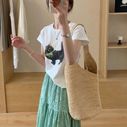 猫咪卡通图案T恤女2024夏季圆领全棉休闲百搭设计感可爱短袖