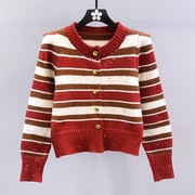 新年红色条纹毛衣外套女冬季2023外搭小个子高级感针织开衫