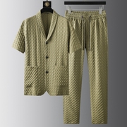 高端品质夏季短袖西装休闲套装男士时尚格子纹提花弹力两件套帅气