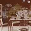 新中式建筑墙纸艺术壁纸，客厅电视背景墙定制壁画，仙鹤茶楼摄影墙布