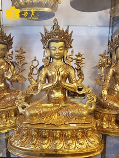 尼泊尔全鎏金四臂观音雕像高45cm双莲花座观音座像佛西藏古代铜雕